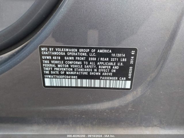 1VWAT7A32FC041862 Volkswagen Passat 1.8t Wolfsburg Edition