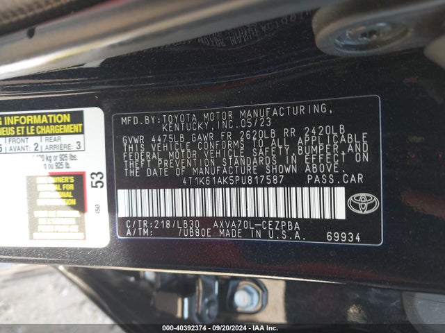 Toyota CAMRY XSE 2023 4T1K61AK5PU817587 Image 9