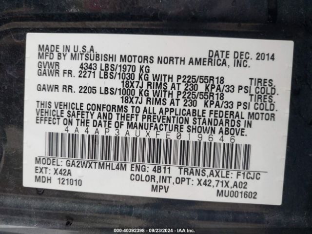 4A4AP3AUXFE019646 Mitsubishi Outlander Sport Es