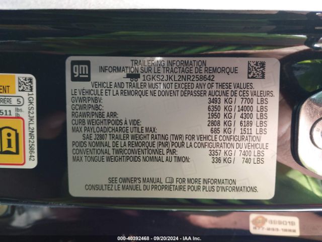 1GKS2JKL2NR258642 GMC Yukon Xl 4wd Denali
