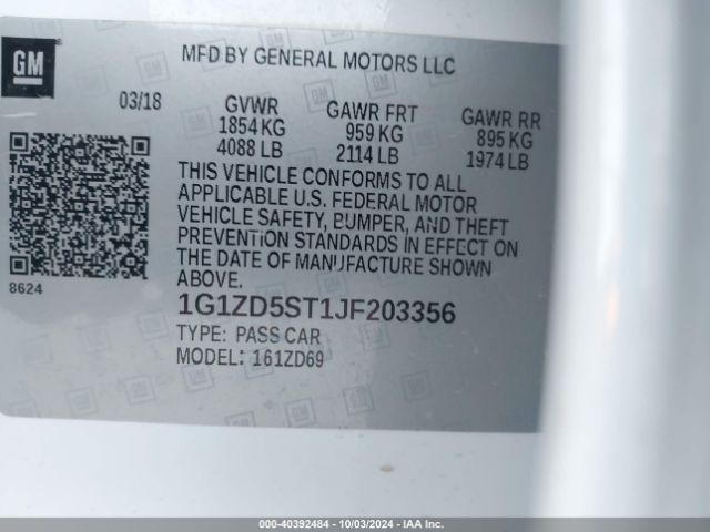 1G1ZD5ST1JF203356 Chevrolet MALIBU LT