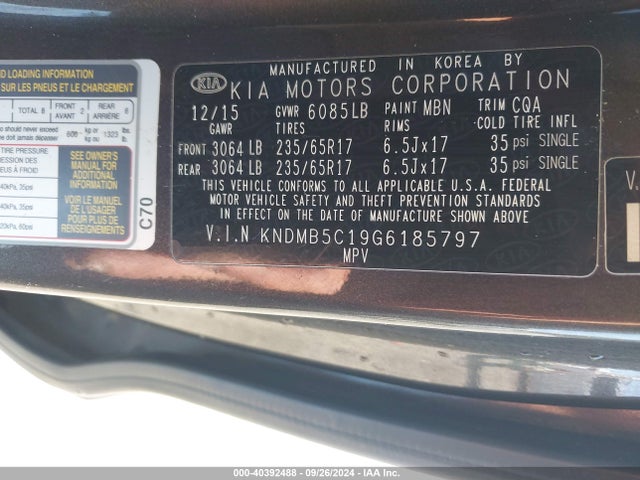 KIA SEDONA LX 2016 KNDMB5C19G6185797 Image 9