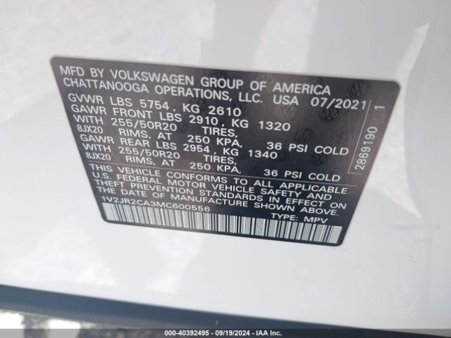 1V2JR2CA3MC600556 Volkswagen Atlas 3.6l V6 Se W/technology