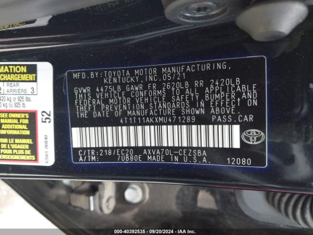 4T1T11AKXMU471289 Toyota Camry Se Nightshade Edition