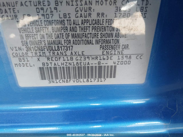 Nissan Versa Sr Xtronic Cvt 2020 3N1CN8FV0LL817317 Image 9