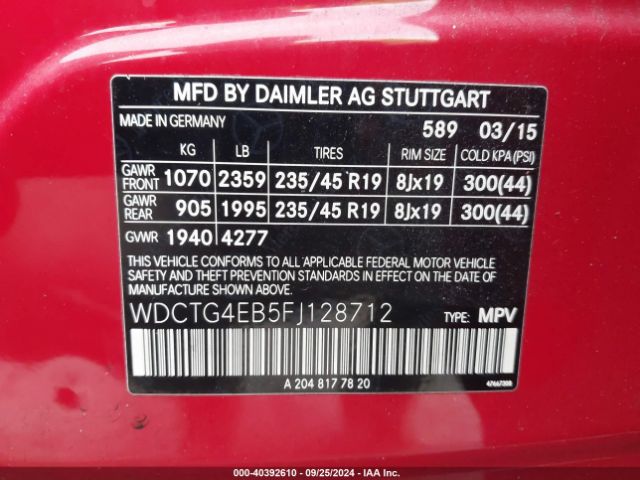 WDCTG4EB5FJ128712 Mercedes-Benz GLA 250