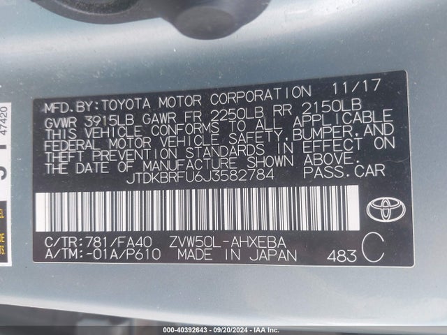 Toyota Prius Two 2018 JTDKBRFU6J3582784 Image 9