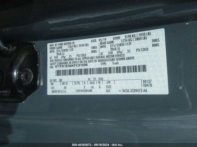 1FTFX1E54KFC01898 Ford F-150 Xl