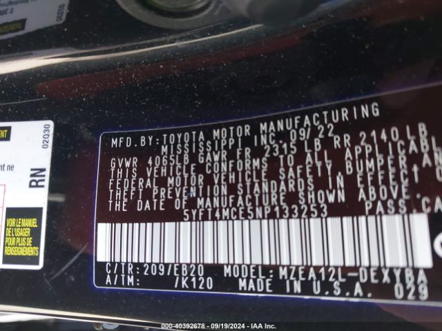 5YFT4MCE5NP133253 Toyota Corolla Xse