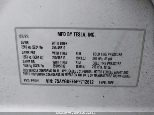 7SAYGDEE5PF712612 Tesla Model Y Awd/long Range Dual Motor All-wheel Drive