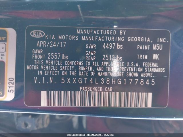 5XXGT4L38HG177845 KIA Optima Lx