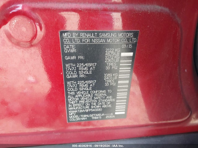 Nissan ROGUE SV 2015 KNMAT2MV9FP543330 Image 9