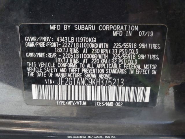 JF2GTANC9KH375213 Subaru Crosstrek 2.0i Limited