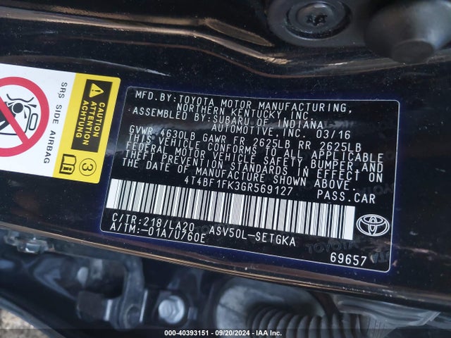 Toyota CAMRY XLE 2016 4T4BF1FK3GR569127 Image 9
