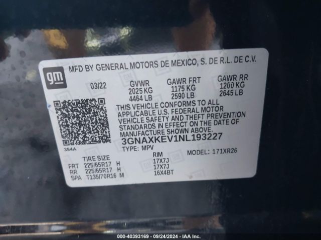 3GNAXKEV1NL193227 Chevrolet Equinox Fwd Lt