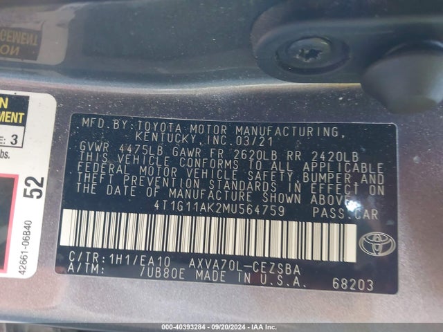 Toyota CAMRY SE 2021 4T1G11AK2MU564759 Image 9