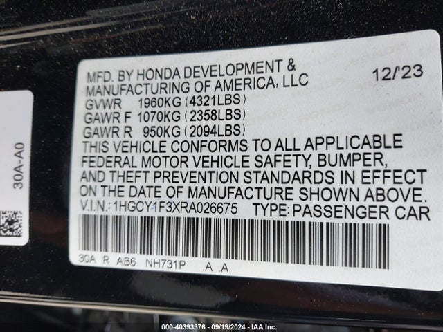 Honda ACCORD EX 2024 1HGCY1F3XRA026675 Image 9