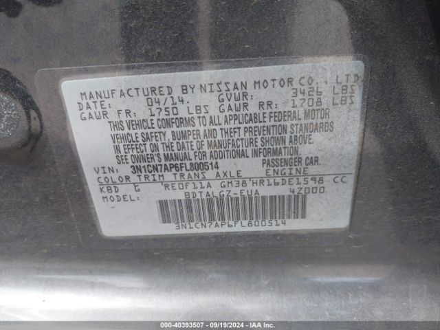 3N1CN7AP6FL800514 Nissan Versa 1.6 Sl