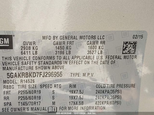 5GAKRBKD7FJ296956 Buick Enclave Leather