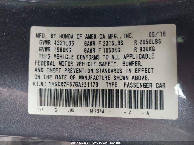 Honda Accord Sport 2016 1HGCR2F57GA221179 Image 9