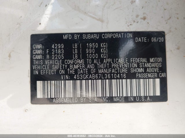 Subaru IMPREZA SEDAN 2020 4S3GKAB67L3610416 Image 9