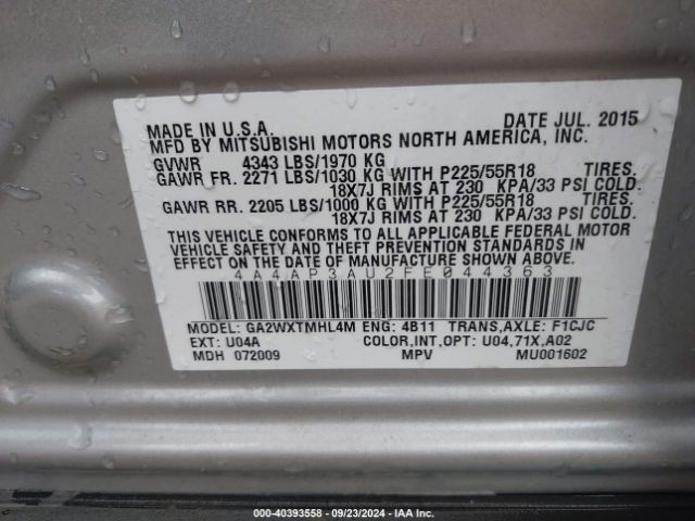 4A4AP3AU2FE044363 Mitsubishi Outlander Sport Es