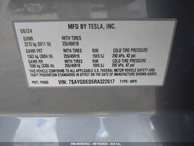 2024 TESLA MODEL Y 7SAYGDED5RA322617 Photo 8