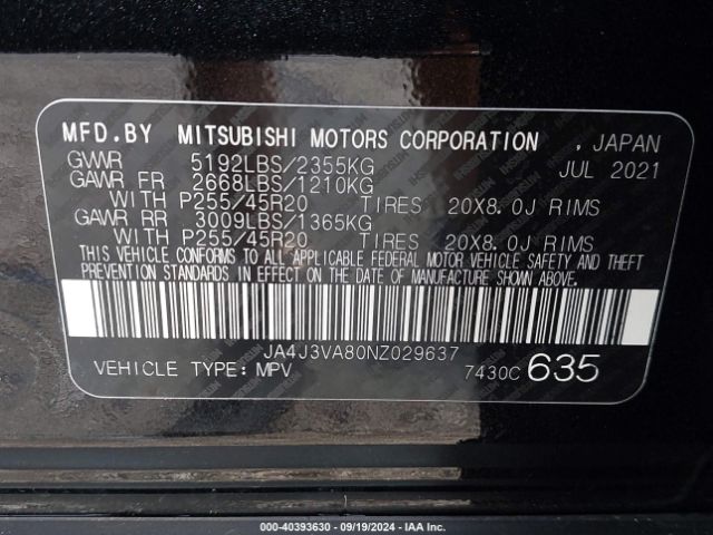 JA4J3VA80NZ029637 Mitsubishi Outlander Sel 2.5 2wd/sel Special Edition 2wd