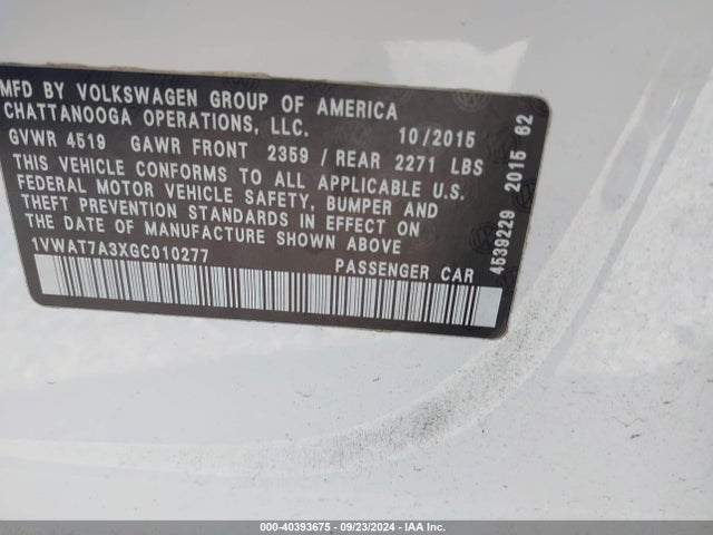 Volkswagen Passat 1.8t S 2016 1VWAT7A3XGC010277 Image 9