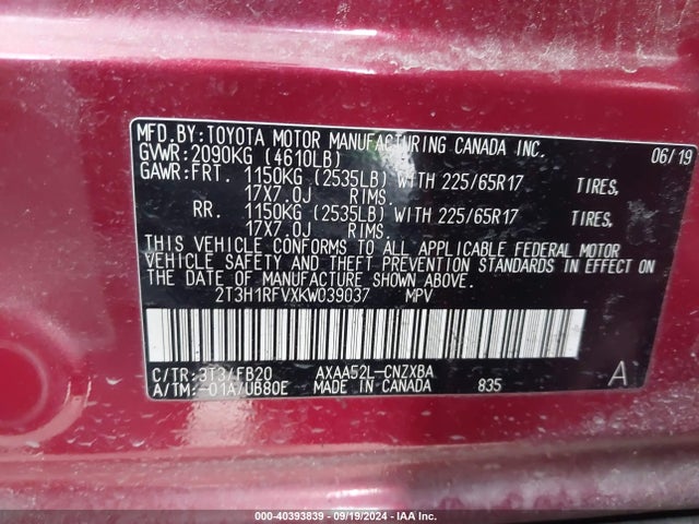 Toyota RAV4 LE 2019 2T3H1RFVXKW039037 Image 9