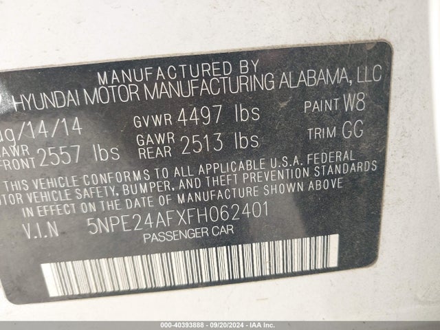 Hyundai SONATA SE 2015 5NPE24AFXFH062401 Image 9