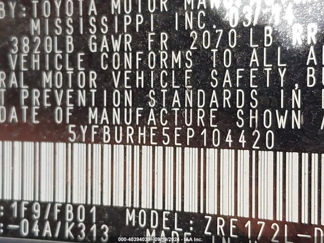 Toyota COROLLA LE 2014 5YFBURHE5EP104420 Image 9