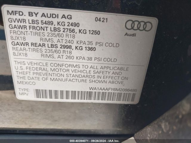 WA1AAAFY6M2086486 Audi Q5 Premium 45 Tfsi Quattro S Tronic