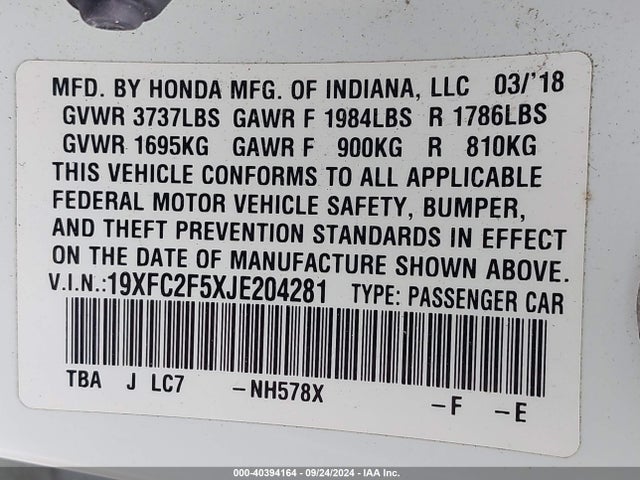 Honda Civic Lx 2018 19XFC2F5XJE204281 Image 9