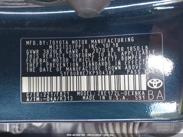 Toyota COROLLA LE 2019 5YFBURHE7KP904387 Image 9