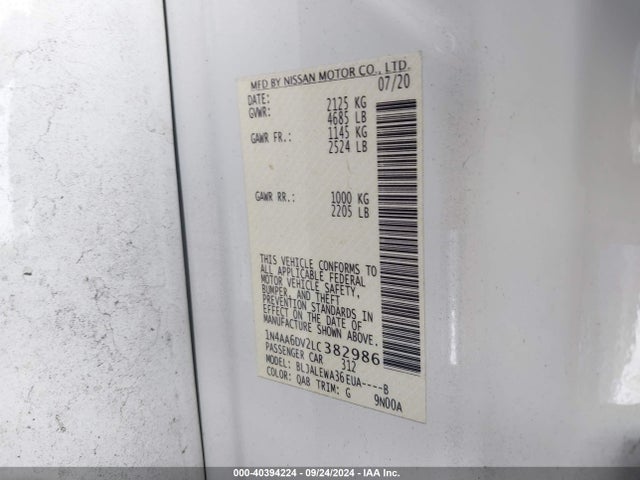 Nissan Maxima Sl Xtronic Cvt 2020 1N4AA6DV2LC382986 Image 9