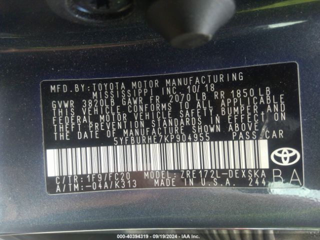 5YFBURHE7KP904955 Toyota COROLLA SE