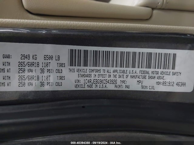 1C4RJEBG9KC543926 Jeep Grand Cherokee Limited 4x2
