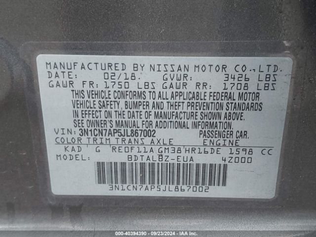 3N1CN7AP5JL867002 Nissan Versa 1.6 Sv