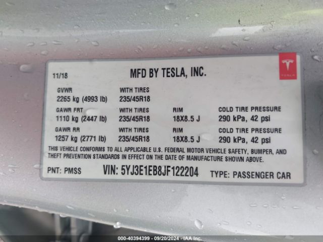5YJ3E1EB8JF122204 Tesla Model 3 Long Range/performance