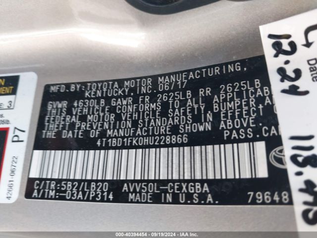 4T1BD1FK0HU228866 Toyota Camry Hybrid Xle