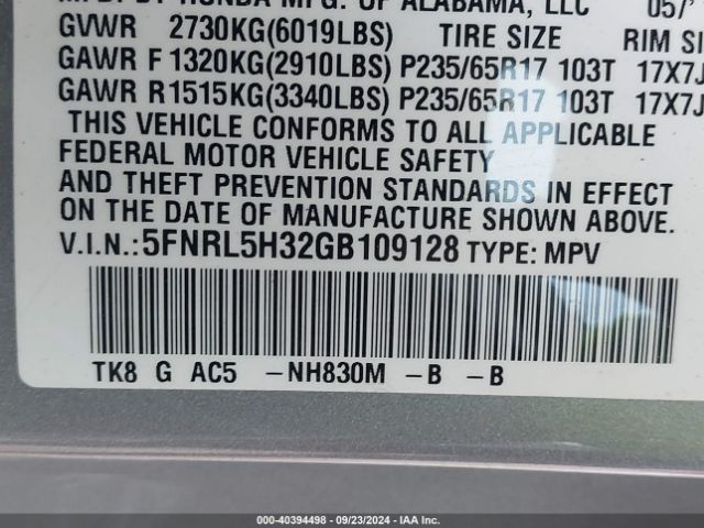 5FNRL5H32GB109128 Honda ODYSSEY SE