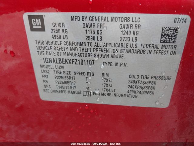 1GNALBEKXFZ101107 Chevrolet EQUINOX 1LT