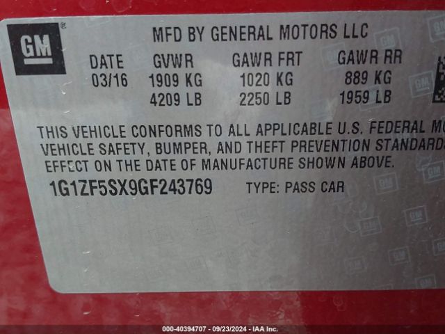 1G1ZF5SX9GF243769 Chevrolet MALIBU 2LT