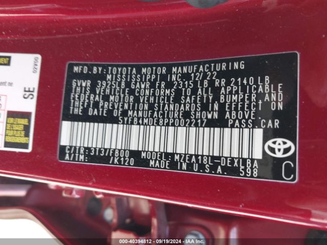 5YFB4MDE8PP002217 Toyota COROLLA LE