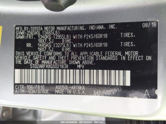 5TDZARFHXGS021838 Toyota Highlander Le