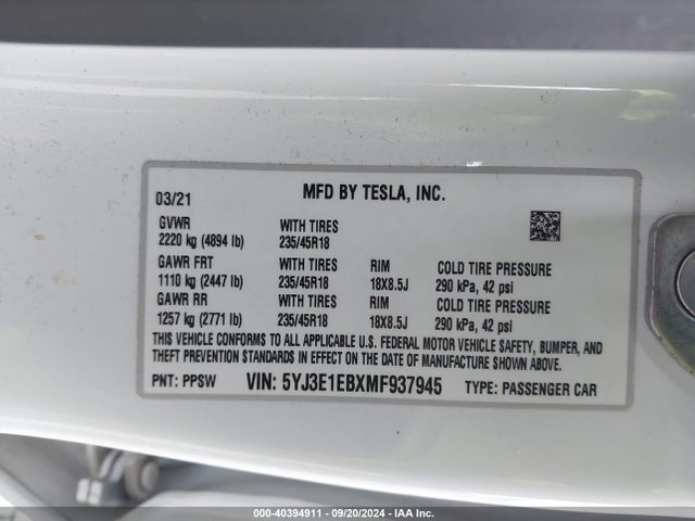 2021 TESLA MODEL 3 5YJ3E1EBXMF937945 Photo 8