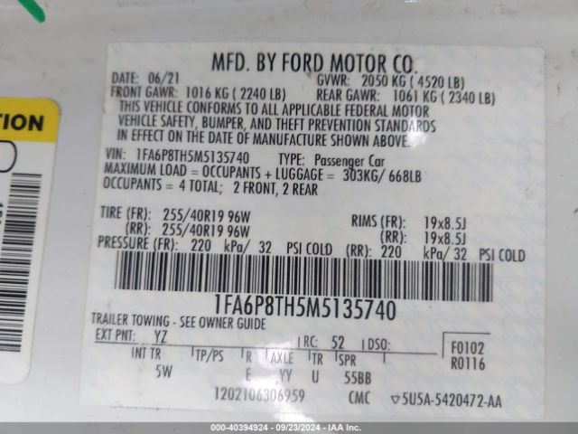 1FA6P8TH5M5135740 Ford Mustang Ecoboost Premium Fastback