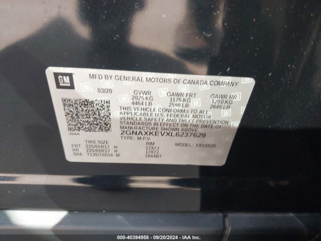 2GNAXKEVXL6237629 Chevrolet Equinox Fwd Lt 1.5l Turbo