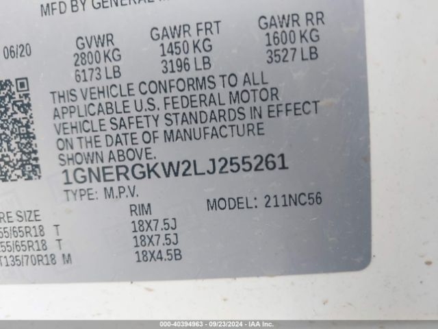 1GNERGKW2LJ255261 Chevrolet Traverse Fwd Lt Cloth